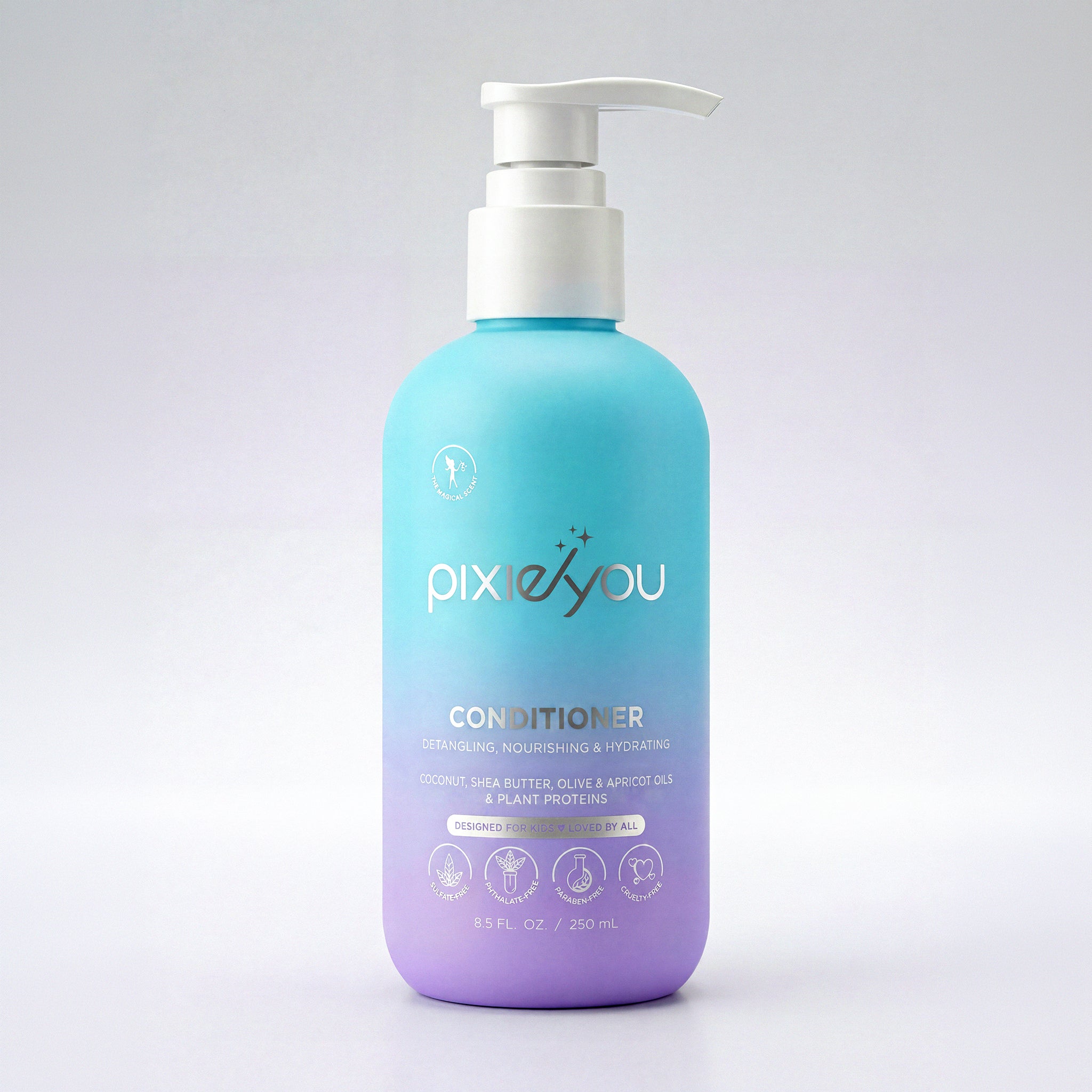 PixieYou Conditioner in a gradient blue and purple bottle, featuring a pump dispenser. 8.5 fl oz, enriched with coconut and s