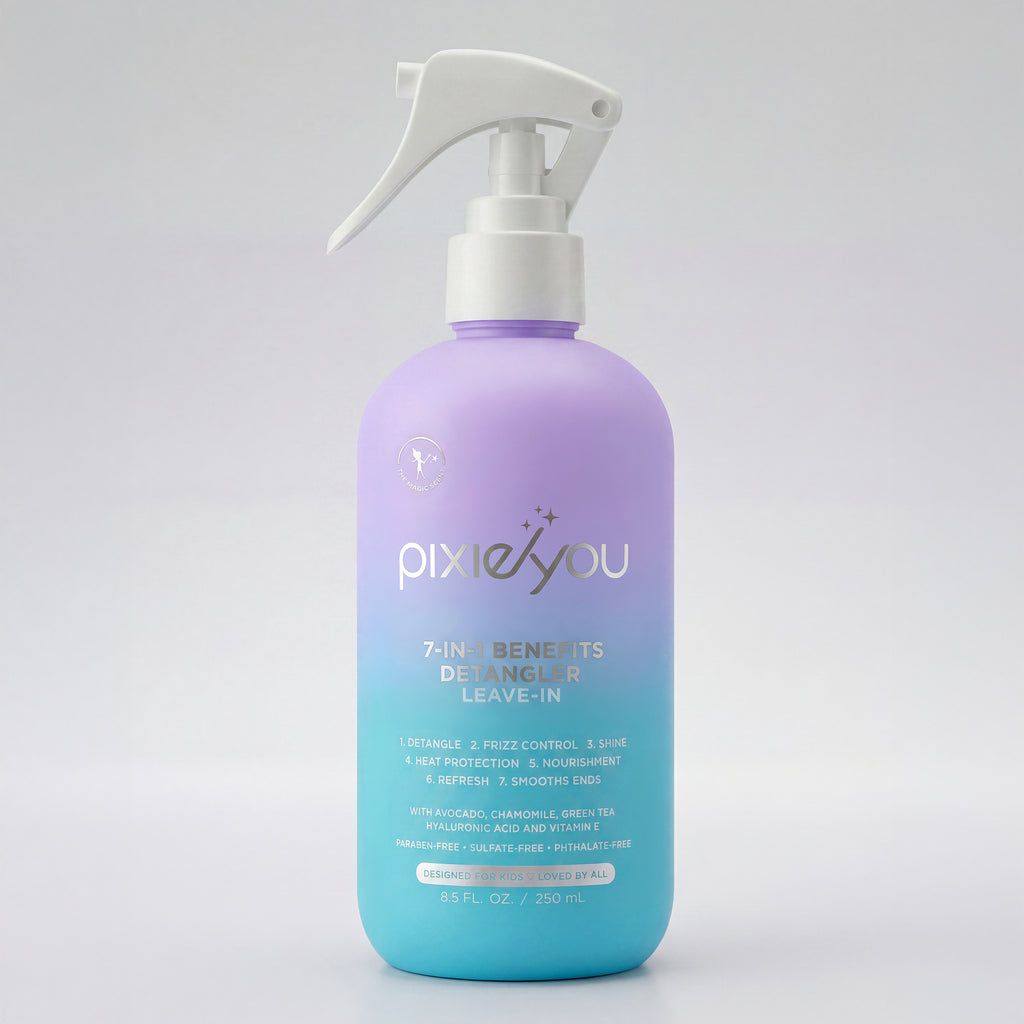 PixieYou 7-in-1 Benefits Detangler Leave-In, purple gradient bottle with spray top, 8.5 fl oz, for frizz control and nourishm