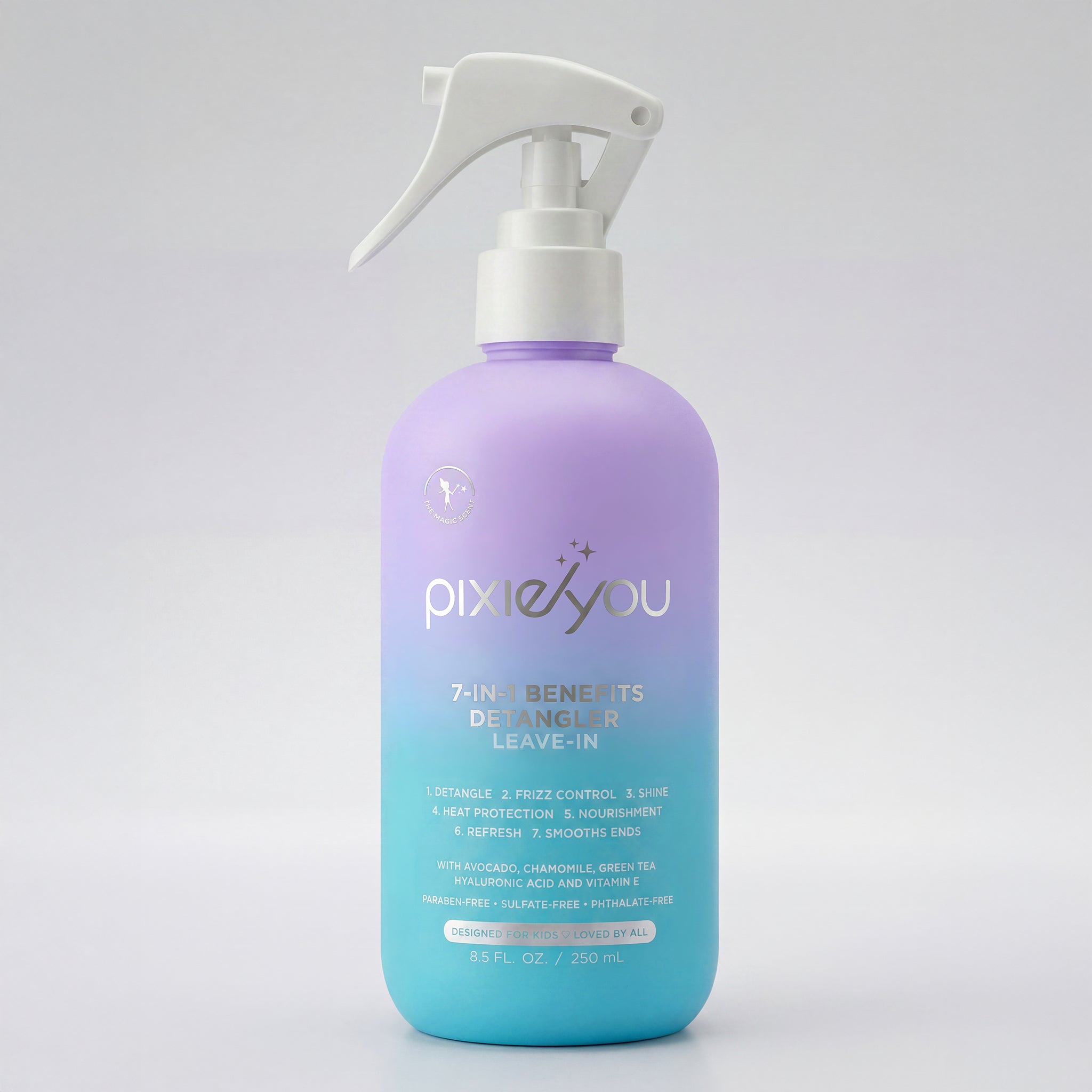 PixieYou 7-in-1 Benefits Detangler Leave-In, purple gradient bottle with spray top, 8.5 fl oz, for frizz control and nourishm