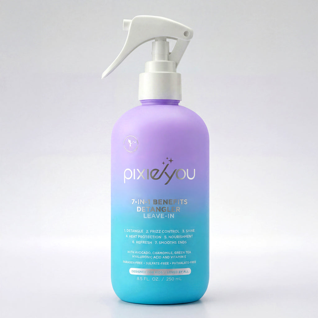 PixieYou The Starter Set 7-in-1 Benefits Detangler Leave-In, 8.5 fl oz spray bottle with a gradient purple to blue design.