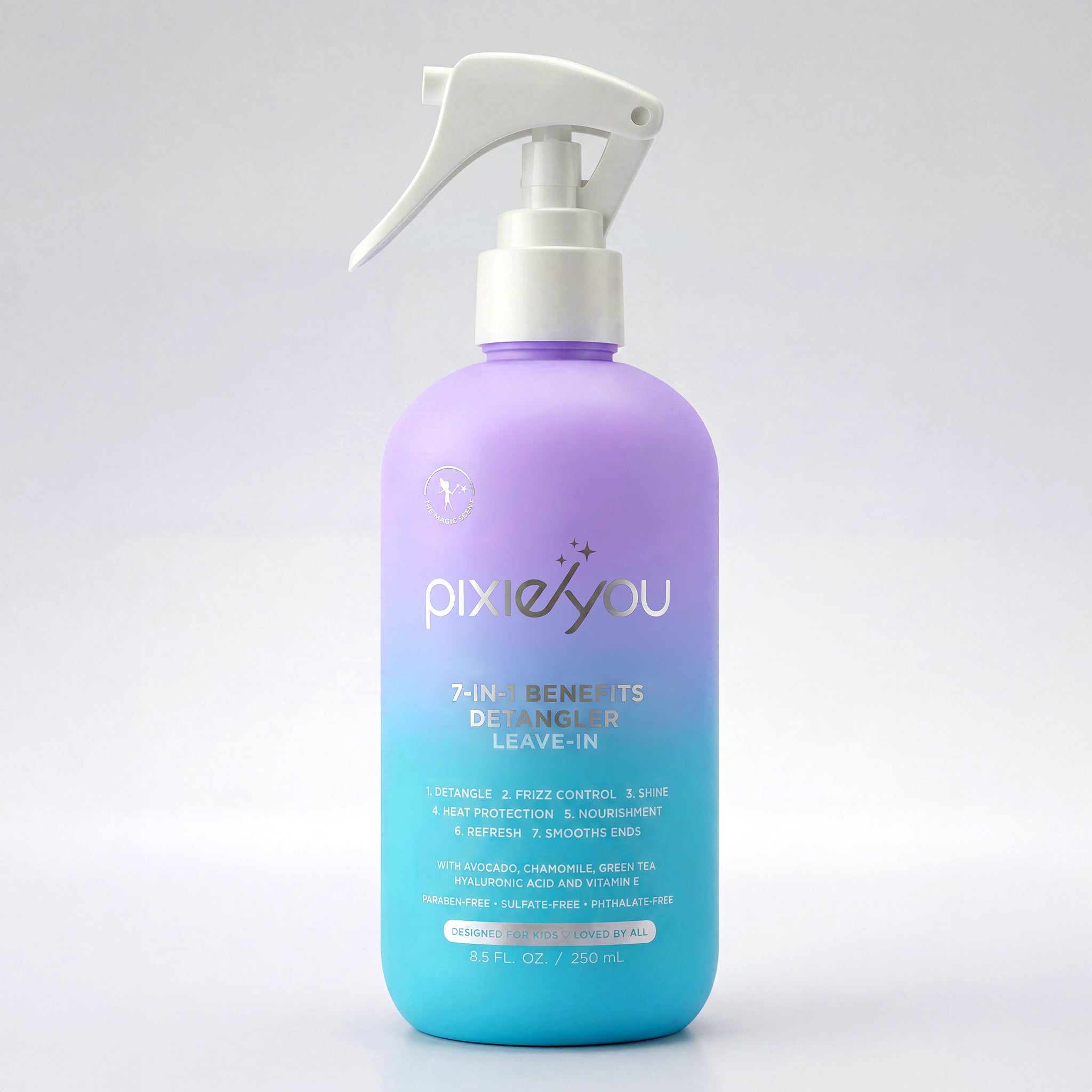 PixieYou The Starter Set 7-in-1 Benefits Detangler Leave-In, 8.5 fl oz spray bottle with a gradient purple to blue design.