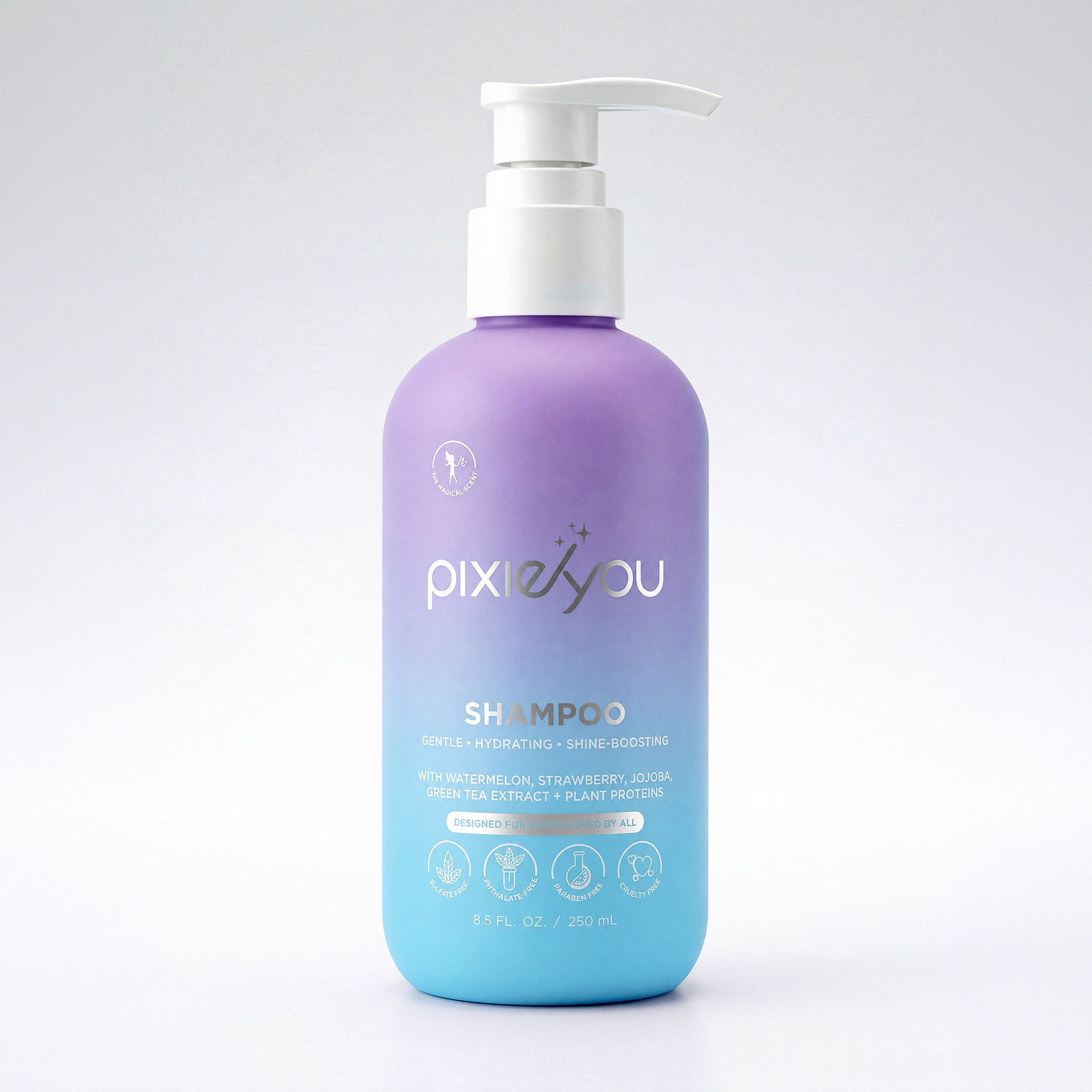 PixieYou Shampoo in a purple ombre bottle with a pump, featuring ingredients like watermelon, strawberry, and green tea extra