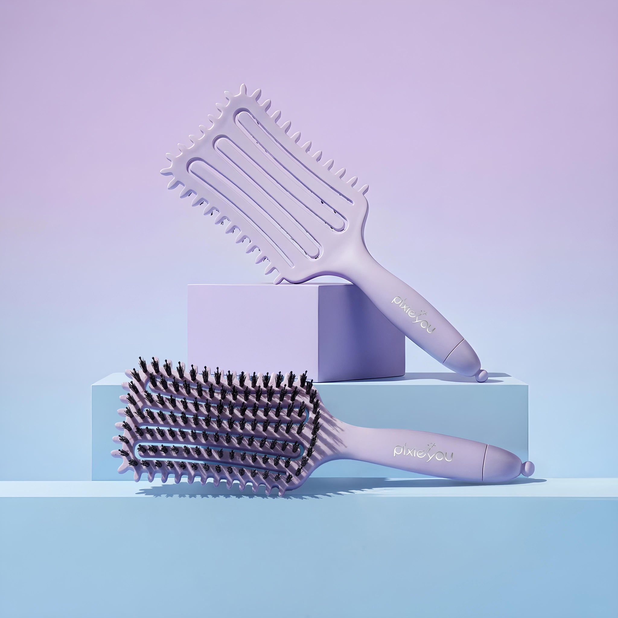 PixieYou Cloud Brush set featuring two purple brushes on pastel blocks against a gradient background.