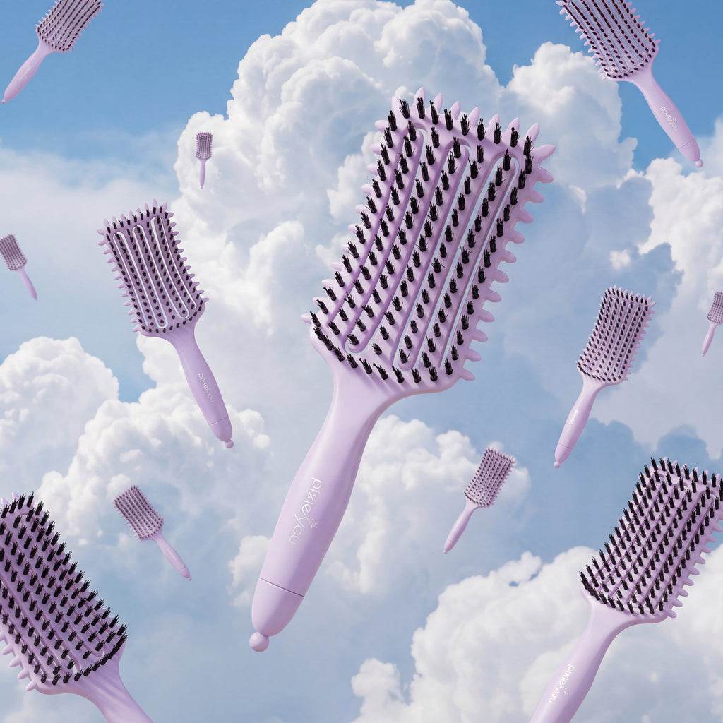 PixieYou Cloud Brush in lavender, featuring a wide paddle design with flexible bristles, set against a cloudy sky background.