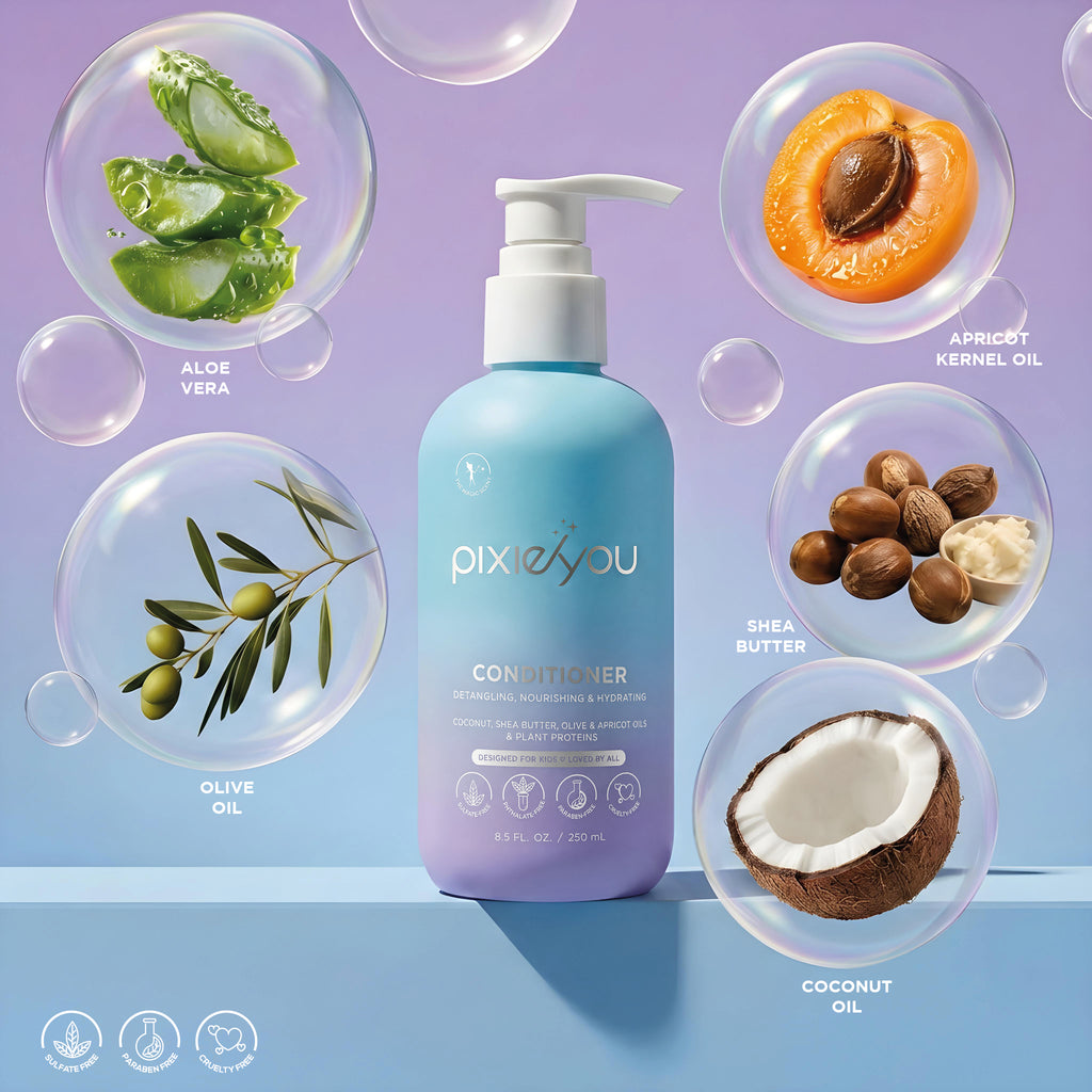 PixieYou Conditioner bottle with ingredients: aloe vera, olive oil, apricot kernel oil, shea butter, and coconut oil.