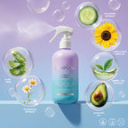 PixieYou Detangler spray bottle surrounded by ingredients: aloe vera, chamomile, cucumber, sunflower seed oil, green tea, and