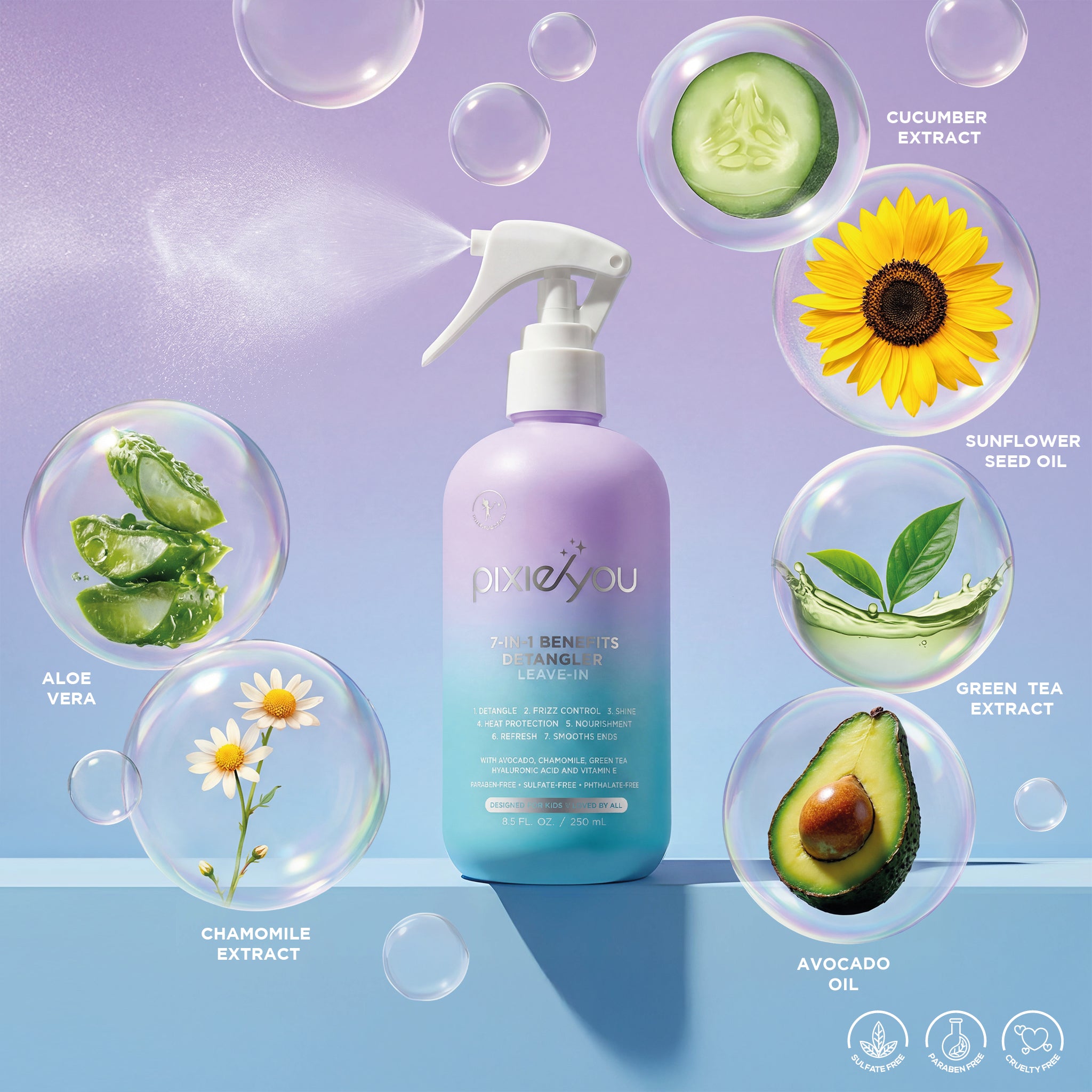 PixieYou Detangler spray bottle surrounded by ingredients: aloe vera, chamomile, cucumber, sunflower seed oil, green tea, and