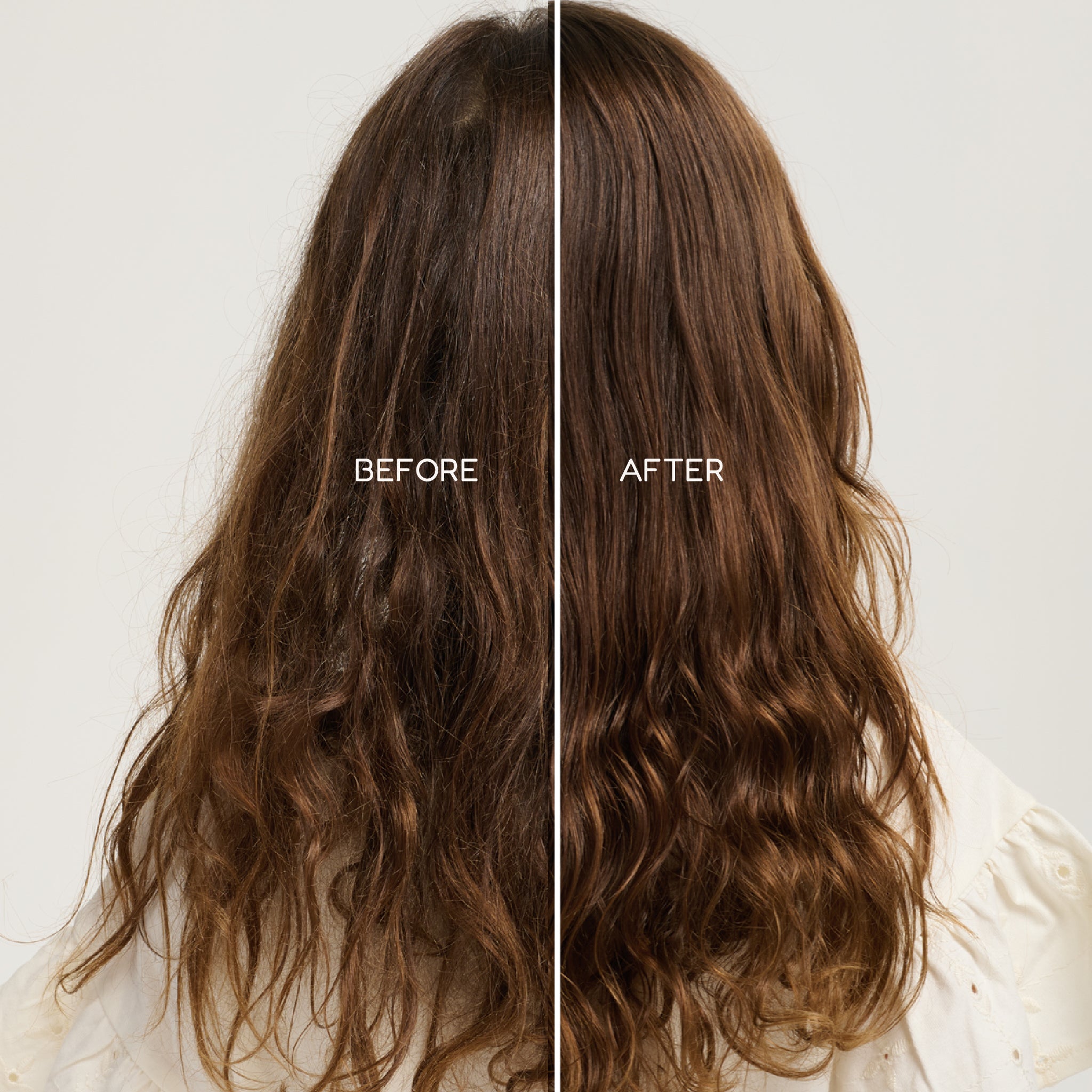 PixieYou Detangler showing hair transformation: before (frizzy) and after (smooth, wavy) results.