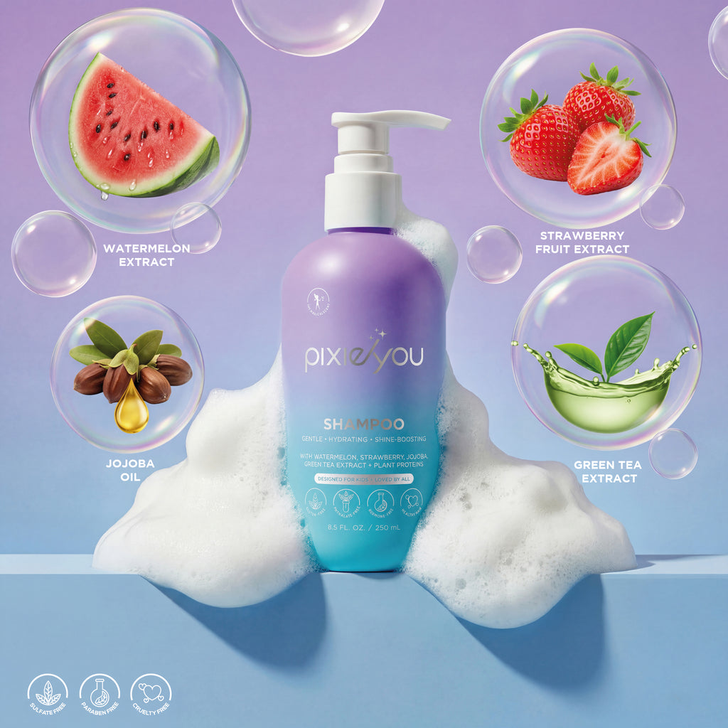 PixieYou Shampoo bottle surrounded by watermelon, strawberry, jojoba oil, and green tea extracts with bubbles and foam.