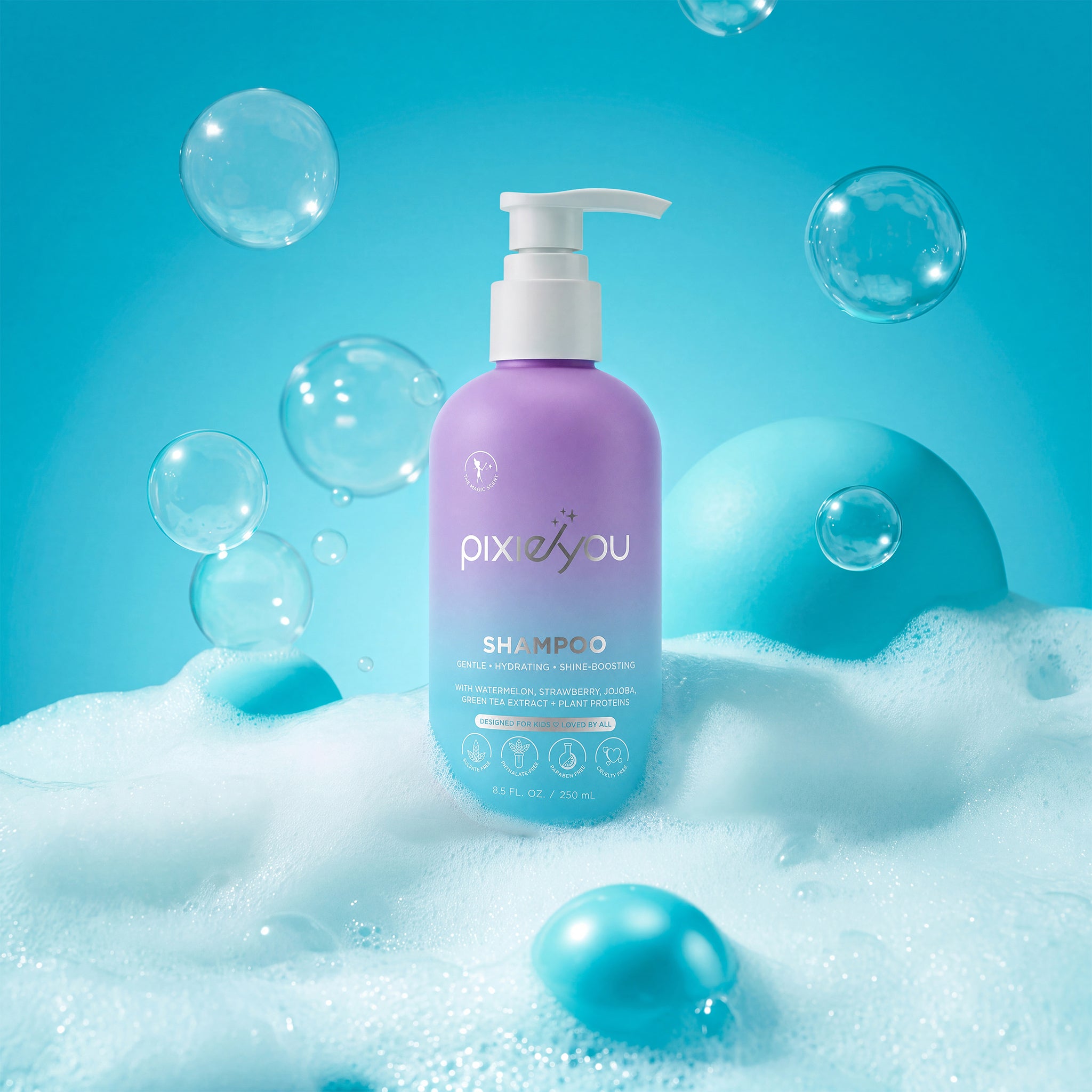 PixieYou Shampoo bottle in purple with a pump, surrounded by bubbles and blue spheres on a bright blue background.