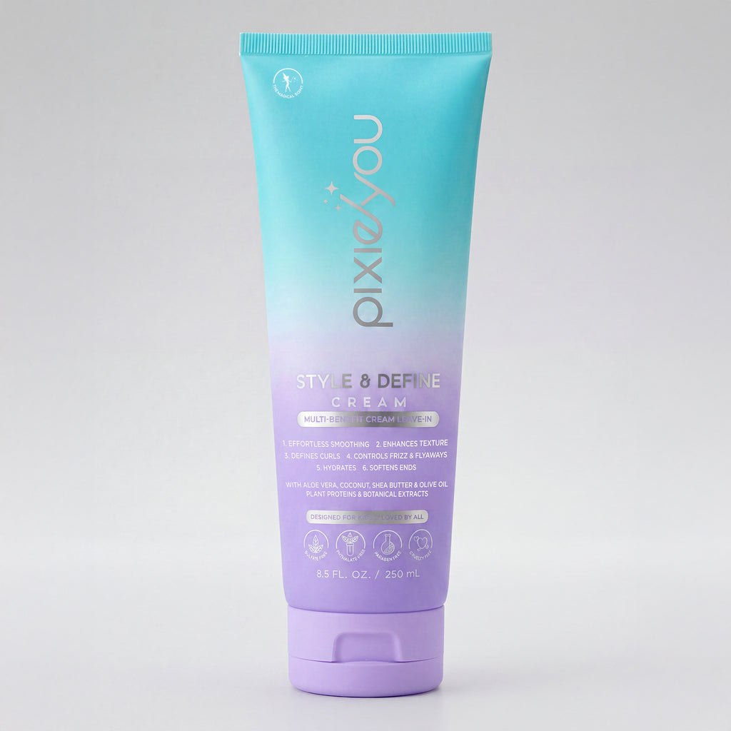 PixieYou Style & Define Leave-in Cream in a gradient blue and purple tube, 8.5 fl oz, for enhancing texture and defining curl