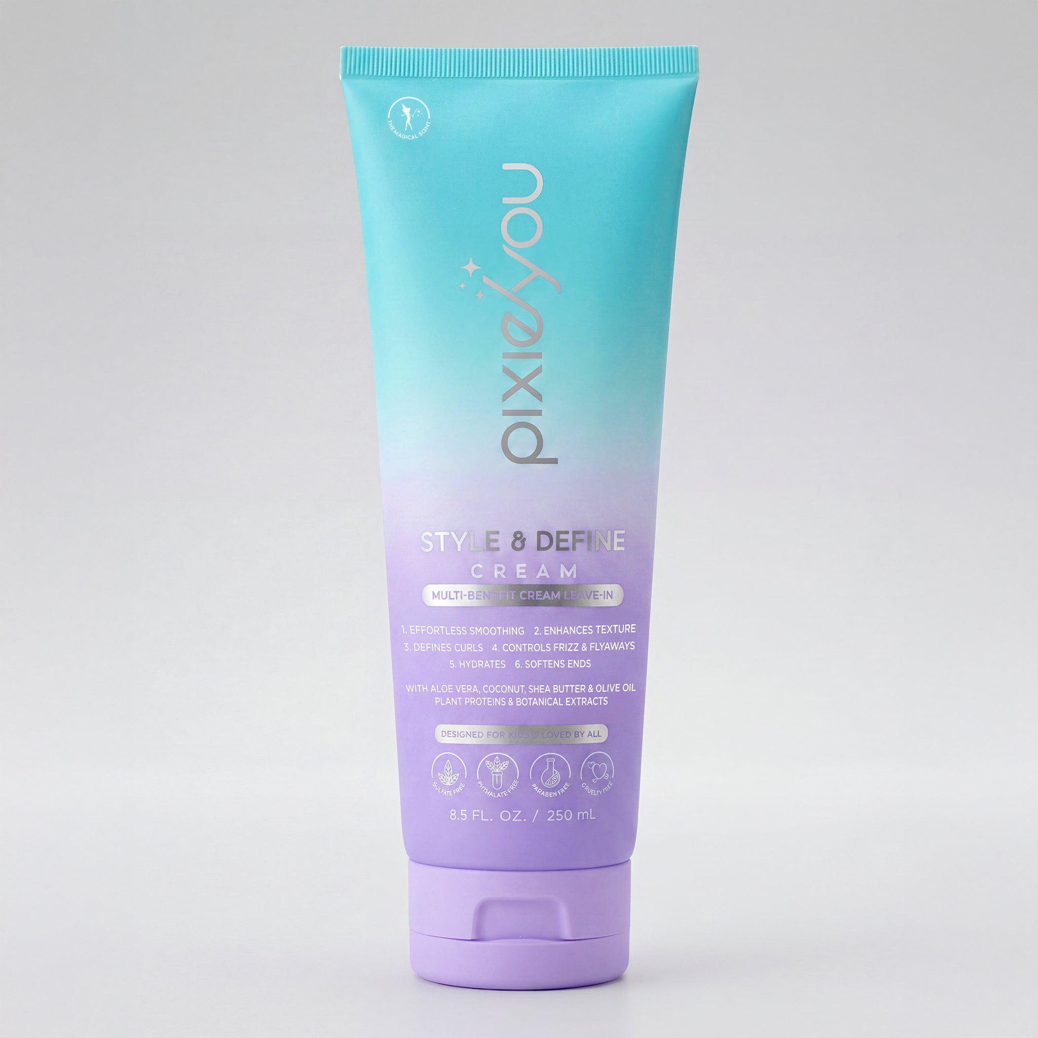 PixieYou Style & Define Leave-in Cream in a gradient blue and purple tube, 8.5 fl oz, for enhancing texture and defining curl
