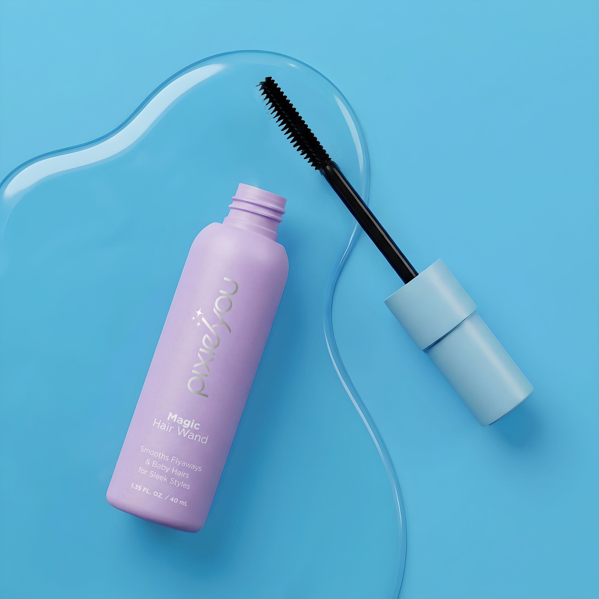 PixieYou Magic Wand in a lavender bottle with a black applicator brush, set against a blue background with a fluid shape.