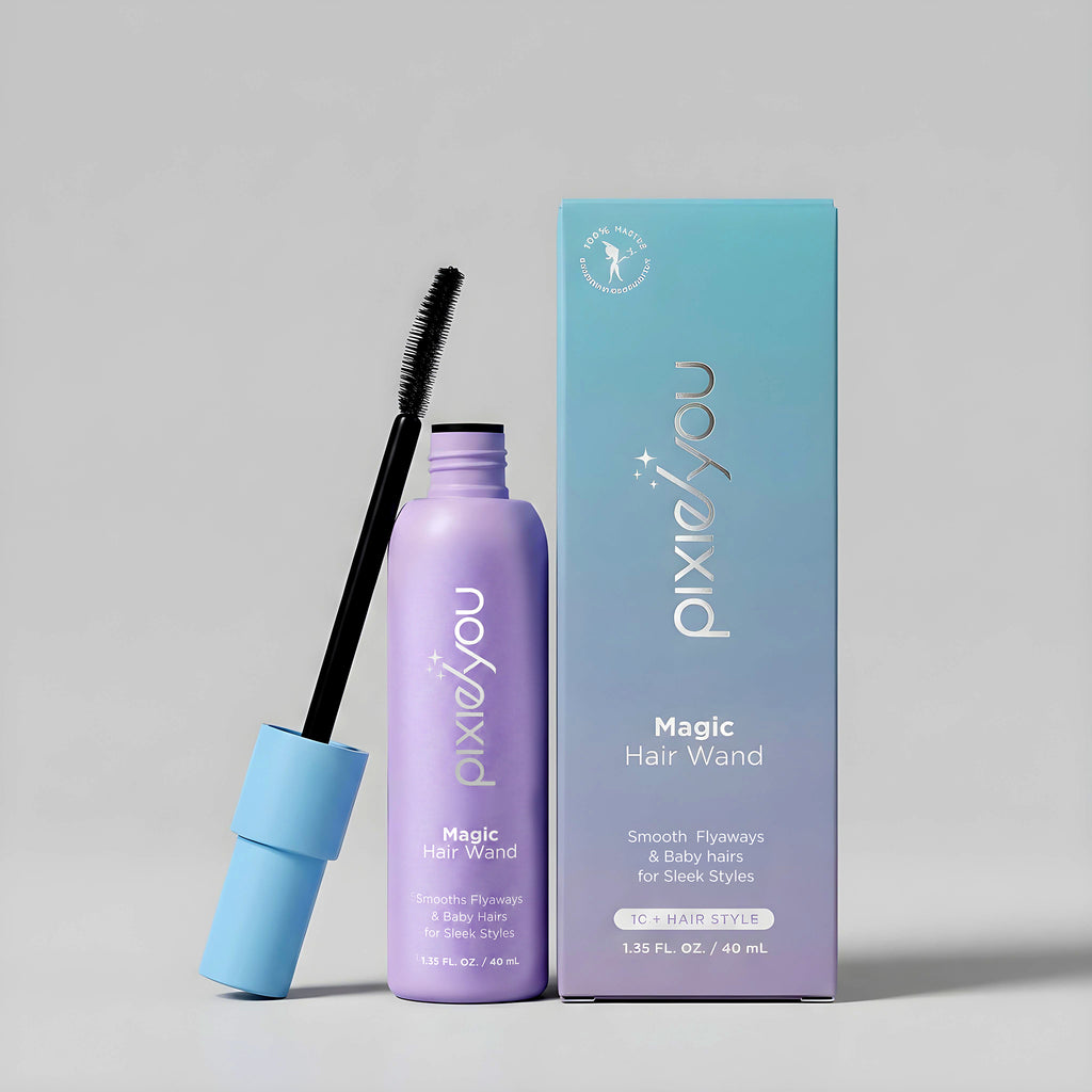 PixieYou Starter Set featuring Magic Hair Wand for smoothing flyaways and baby hairs, with a purple and blue packaging.