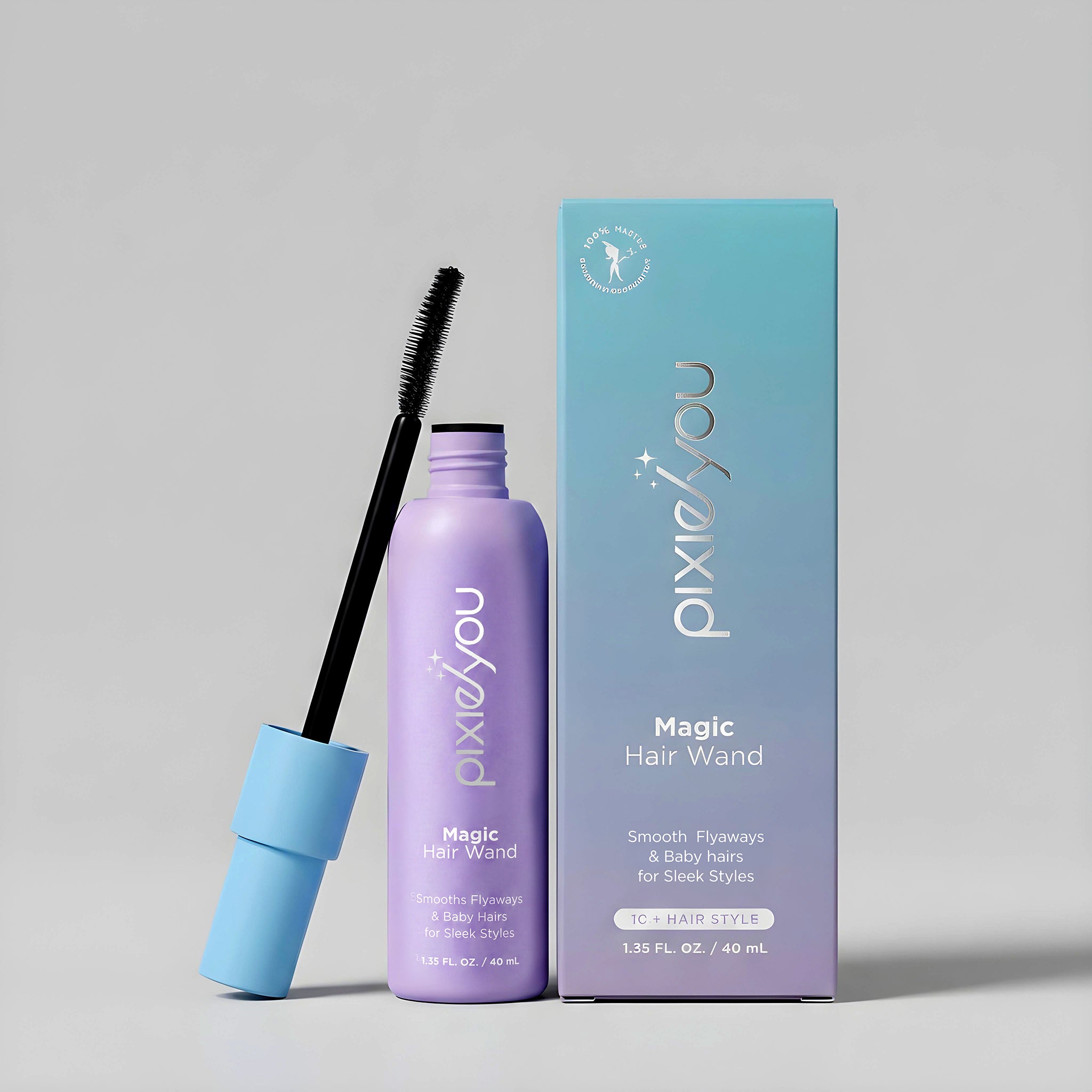 PixieYou Starter Set featuring Magic Hair Wand for smoothing flyaways and baby hairs, with a purple and blue packaging.
