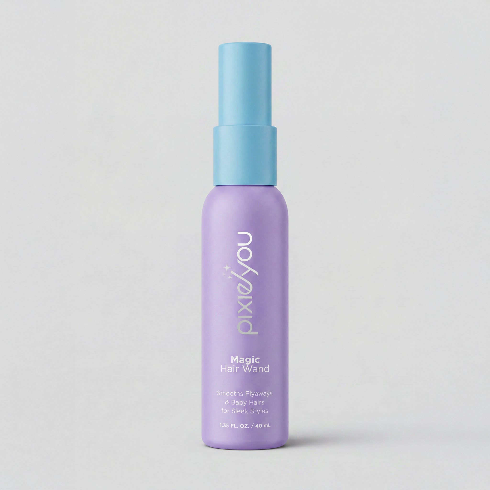 Purple spray bottle of PixieYou Magic Hair Wand, designed to smooth flyaways for sleek styles. 1.35 fl oz.